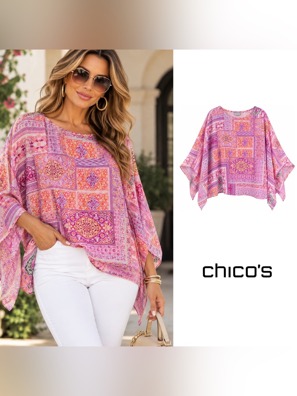 NEW Chico's Pink & Orange Patchwork Print Poncho Top